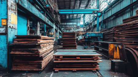 A view inside an abandoned industrial warehouse filled with stacked wooden planks and weathered machinery, showcasing rustic textures and dramatic lighting.の素材