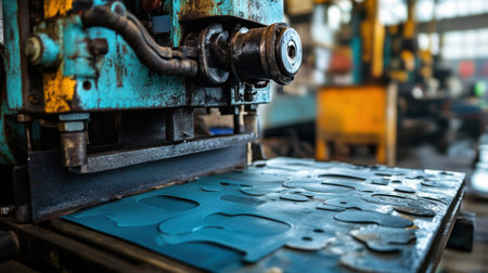A close-up view of an industrial machine cutting sheet metal in a workshop environment, showcasing tools and equipment used in metalworking and fabrication.の素材