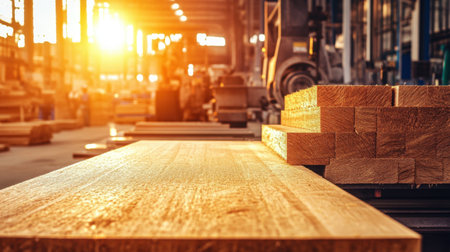 A serene sunset casts warm rays over stacks of wood planks in a busy warehouse, highlighting tools and machinery that emphasize a productive environment.の素材