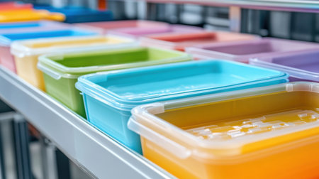 A captivating display of colorful plastic storage containers arranged on a modern shelf. This image showcases vibrant hues perfect for home organization, adding style and utility to any space. Ideal for conveying themes of tidiness and modern decor.の素材