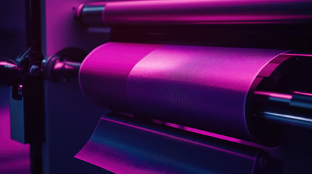 A striking close-up of a modern printing machine and its roll, highlighted by vibrant purple lighting, showcasing a textured paper surface in exquisite detail.の素材