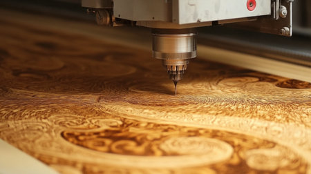 A close-up view of a CNC machine actively engraving intricate patterns on a natural wood surface, showcasing the intersection of technology and craftsmanship.の素材