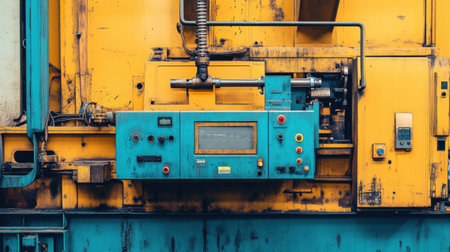 Close-up of an industrial control panel showcasing vibrant yellow and blue colors, featuring buttons and switches for operational control in manufacturing.の素材