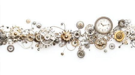 Explore a captivating arrangement of vintage clock gears and mechanisms on a white background, showcasing intricate designs and timeless elegance.の素材