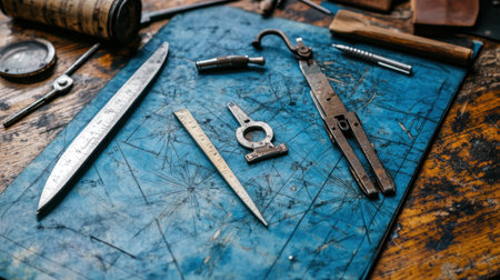 Explore a collection of vintage crafting tools arranged on a textured blue cutting mat, perfect for artisan workshops and creative professionals.の素材