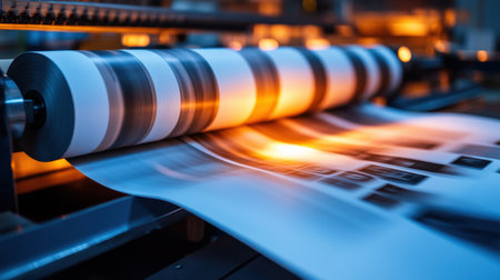 Experience the dynamic process of printing in a modern facility, showcasing high-speed presses rolling colorful paper in vibrant motion.の素材