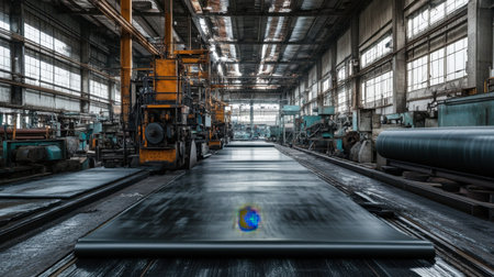 An expansive view of an industrial warehouse showcasing a production line with heavy machinery processing metal sheets. The scene captures the essence of manufacturing and engineering within a well-lit factory space.の素材