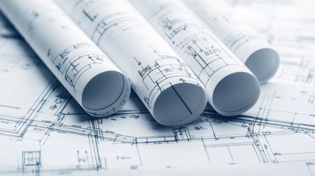 This image features rolled blueprints lying on top of detailed architectural drawings, showcasing technical schematics and precise construction plans for various projects.の素材