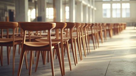 A serene view of wooden chairs arranged in a bright industrial space, showcasing soft natural light filtering through large windows, creating a calm ambiance.の素材