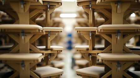 This image depicts an organized display of wooden stools stacked in a workshop, showcasing the intricate craftsmanship and design elements in a warm and inviting setting.の素材