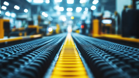 A detailed view of a conveyor belt in a modern manufacturing environment, showcasing efficient operations and advanced machinery with a bright, dynamic setting.の素材