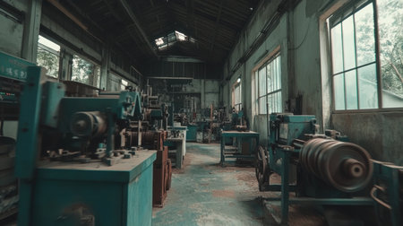 This image captures an abandoned factory workshop featuring vintage machinery illuminated by natural light. The space conveys a sense of quiet nostalgia and industrial charm.の素材