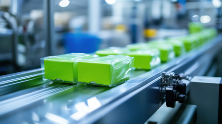 A vibrant factory production line featuring wrapped green boxes moving along a conveyor belt, showcasing modern industrial processes and efficiency in manufacturing.の素材