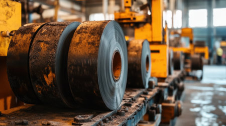 A close-up view of steel rolls on a conveyor in an industrial manufacturing facility, showcasing the intricate details of machinery and production processes.の素材