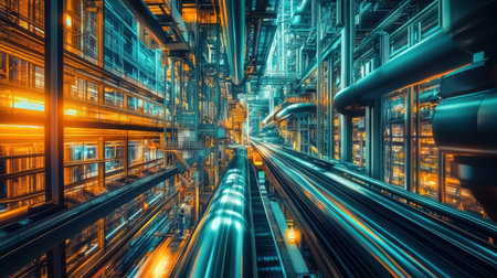 A vivid depiction of a futuristic industrial environment filled with complex networks of pipes and machinery, showcasing vibrant colors and intricate designs.の素材