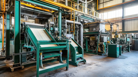 An impressive view of industrial machinery in a manufacturing facility, demonstrating innovative technology and efficient production processes used in modern industry.の素材