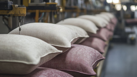 A row of soft textured cushions illustrates the manufacturing process in a factory setting, showcasing quality craftsmanship and attention to detail.の素材