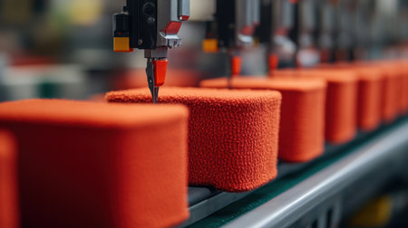 A close-up view of robotic arms performing precise tasks in a textile factory, showcasing advanced automation and efficiency in modern manufacturing processes.の素材