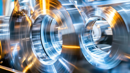 Close-up of industrial machinery with rotating metal components, showcasing dynamic motion and bright reflections, perfect for technology and manufacturing themes.の素材