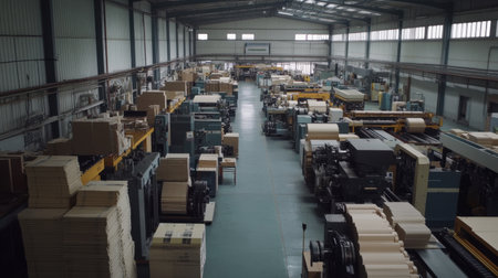 This aerial view captures a vast industrial manufacturing facility, showcasing advanced machinery, organized production lines, and efficient workflows.の素材