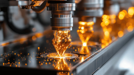 This image showcases an advanced manufacturing process featuring laser technology creating bright sparks in an industrial setting. The vibrant glow highlights the precision and innovation in modern craftsmanship.の素材