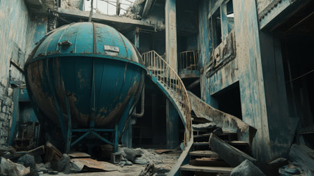 Explore an abandoned industrial building featuring a rusty blue tank and a crumbling staircase, showcasing the beauty of decay and neglect.の素材