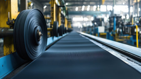 An industrial setting showcasing a conveyor belt in motion, illustrating modern manufacturing processes, machinery, and automation in action.の素材