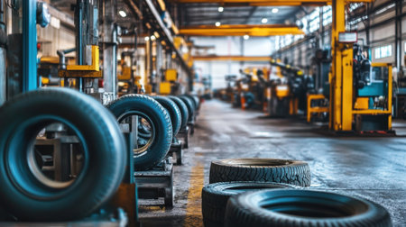 This image features an industrial warehouse interior focused on tire manufacturing, showcasing advanced equipment and automation processes.の素材