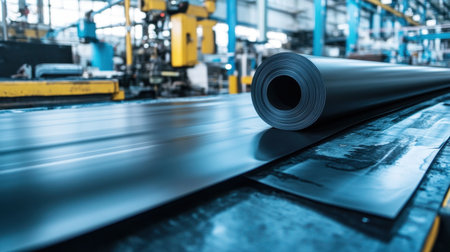 A black roll of industrial material rests on a metal conveyor belt in a contemporary manufacturing facility, highlighting precision and technology in production.の素材