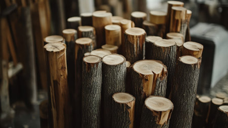 This image showcases a close-up view of stacked wooden logs, highlighting their textures and natural patterns in a rustic workshop setting.の素材