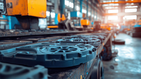 A dynamic view of an industrial factory showcasing a conveyor system with components in production. The scene highlights modern machinery and detailed assembly processes.の素材