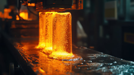 This vibrant image captures molten glass being shaped in an industrial setting, showcasing the dynamic transformation from liquid to solid under warm orange light.の素材