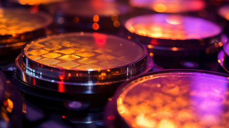 Explore an artistic close-up image showcasing colorful light reflections on circular metal surfaces, creating a vibrant and modern aesthetic.の素材