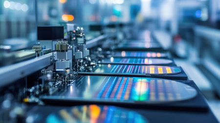 This image captures a detailed view of the semiconductor fabrication process in a clean room environment, showcasing high-tech machinery and precision engineering in action.の素材