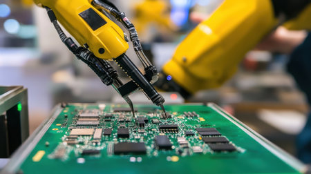 A robotic arm efficiently assembles components on an electronic circuit board in a modern manufacturing facility, showcasing the future of automation and technology.の素材