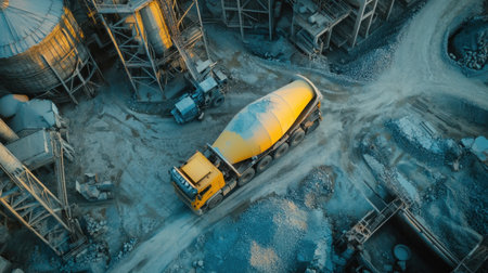 Aerial image shows a yellow cement mixer truck navigating a construction site filled with raw materials and industrial machinery, illustrating modern building processes.の素材