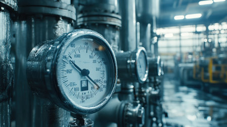 Close-up view of an industrial pressure gauge attached to a pipe in a manufacturing facility, showcasing machinery in the background, focused on monitoring systems.の素材
