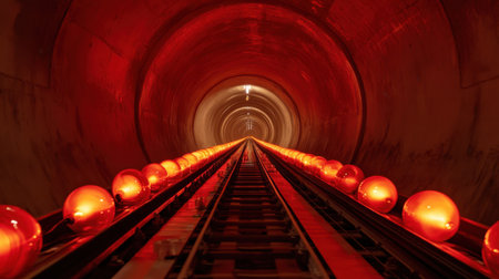 A striking view of a tunnel illuminated with vibrant red lights and glowing orbs along the tracks creates an intriguing and mysterious atmosphere.の素材