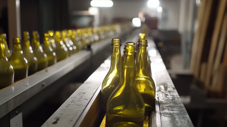 An industrial scene showcasing glass bottles on a conveyor belt, highlighting the production process in a modern factory environment with soft lighting.の素材