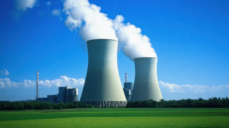 This image features two prominent cooling towers of a nuclear power plant, surrounded by a vibrant green field under a clear blue sky, showcasing energy generation.の素材
