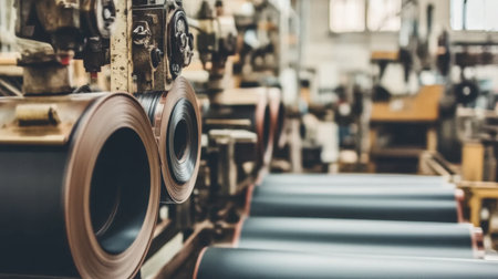 The image showcases an industrial production line featuring rolled materials in a busy manufacturing environment, highlighting intricate machinery and workflow.の素材