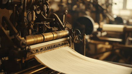 This image captures a vintage printing press in a historical workshop, showcasing the intricate machinery involved in traditional printmaking and craftsmanship.の素材