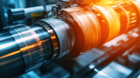 A vibrant image showcasing high-speed industrial machinery in motion, highlighting the dynamic processes involved in modern manufacturing and mechanical operations.の素材