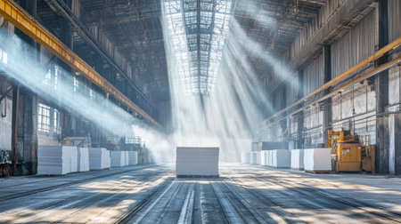 A spacious industrial warehouse filled with sunlight illuminating stacked white materials on wooden pallets. The beams create a tranquil atmosphere.の素材