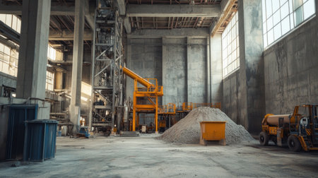 This image captures the interior of a cement factory showcasing essential machinery, storage areas, and raw material piles, epitomizing industrial production.の素材