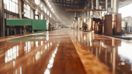 A polished wooden surface stretches across an industrial workshop, illuminated by natural light filtering through large windows, showcasing craftsmanship.の素材