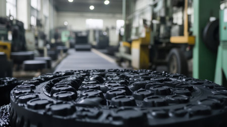 This image captures the interior of an industrial manufacturing facility, featuring rubber molds on a conveyor assembly line amidst various machinery, illustrating the production process and technological landscape.の素材