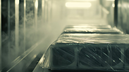This image captures an industrial freezing facility showcasing wrapped block products surrounded by a foggy atmosphere, emphasizing food preservation technology.の素材