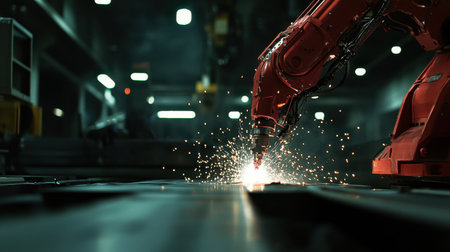 A dynamic scene capturing a robotic arm in action, fabricating metal while creating sparks in an industrial environment, showcasing advanced technology.の素材