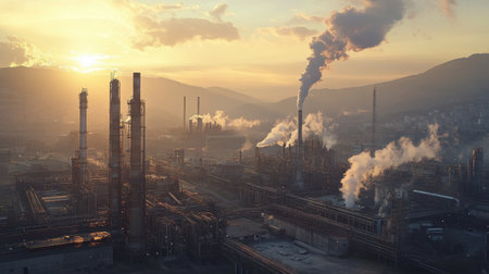 Aerial view of a sprawling industrial landscape during sunset, featuring smoke stacks emitting fumes. The image highlights environmental challenges and urban development.の素材